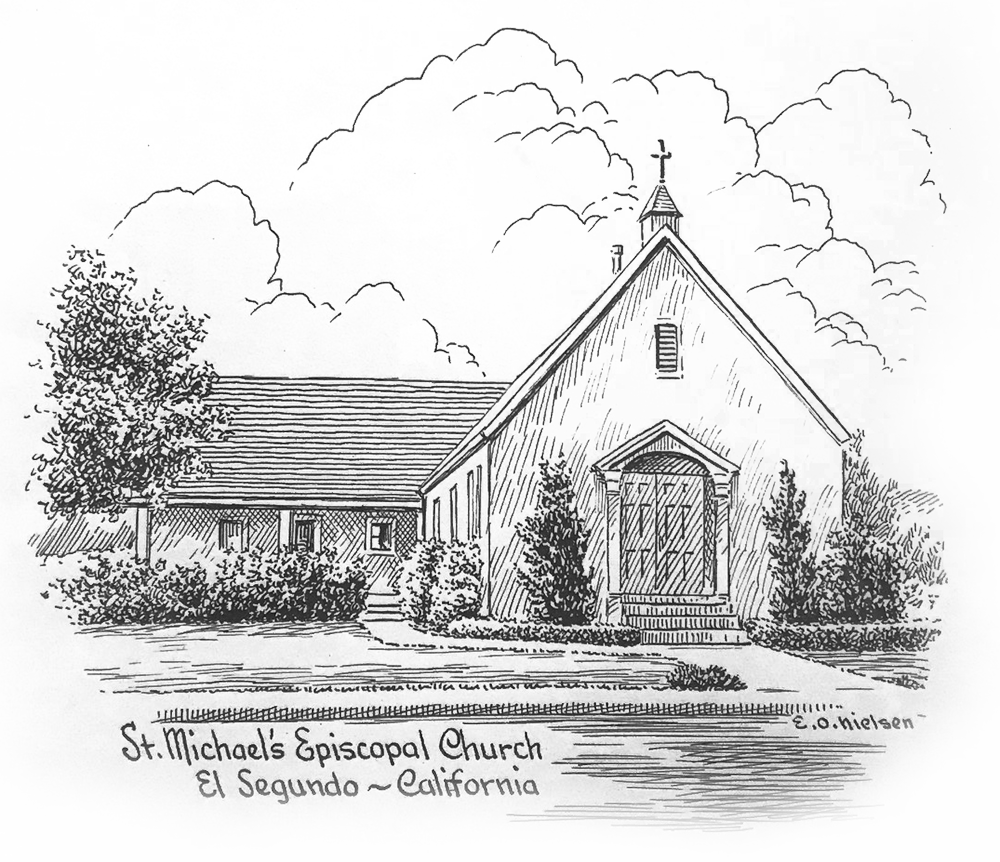 Line drawing of St. Michael's Episcopal Church showing the church set against a sky of billowing clouds, by E.O. Nielsen.