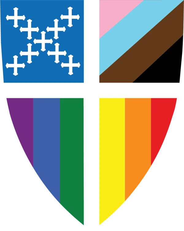 The Episcopal Church Pride shield - a shield of rainbow colors overlaid with a white cross.