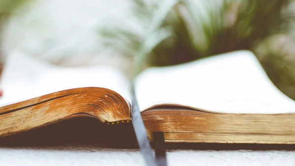 An old Bible lying open on a table.